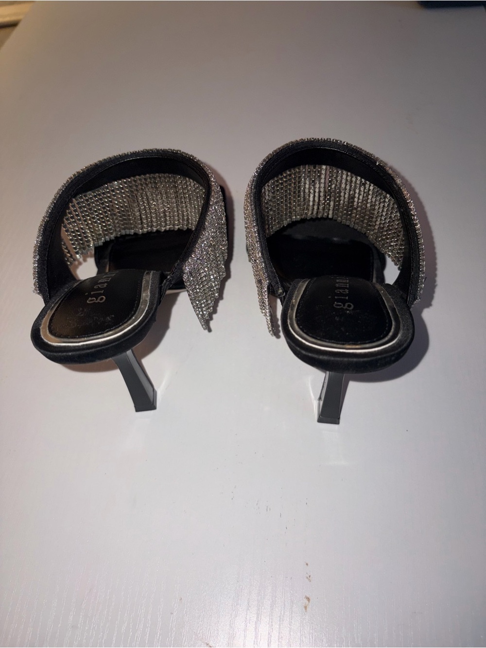 Gianni Bini Black Satin Mules with Crystal Fringe Strap - Picture 3 of 3